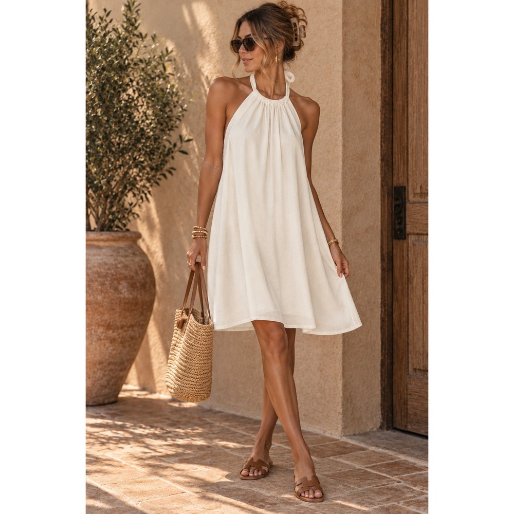Elan Ivory Sheer Halter Mini Dress Open Back Cutout Resort Size Small NWT